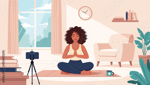 Peaceful young woman with long dark hair meditates at home on a yoga mat while recording her session with a smartphone.
