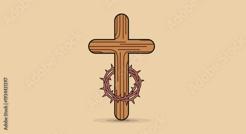 A poignant flat design illustration depicting a minimalist cross adorned with a crown of thorns, symbolizing sacrifice and suffering on Good Friday. 