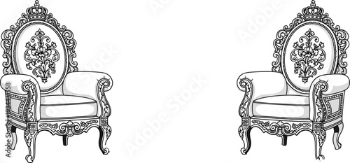 Ornate baroque armchair illustration, vintage luxury royal furniture with decorative carving black and white vector design