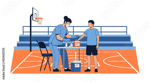 Nurse Administering Vaccine to Young Athlete on Basketball Court