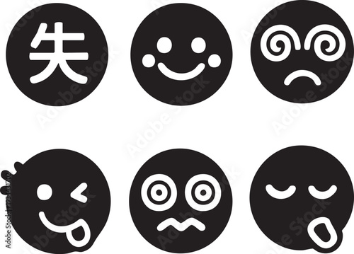 白黒のスマイリーフェイス絵文字アイコンセット 手描き風の楽しい表情コレクション ミニマルラインスタイル