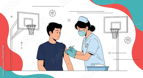 Nurse Administering Vaccine to Young Man with Basketball Court Background