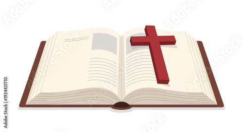 A meaningful flat design illustration depicting an open Bible with a cross, symbolizing the scriptural foundation of faith and the sacrifice of Good Friday. 