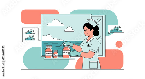 Nurse Administering Vitamins with Ocean View and Waves Illustration