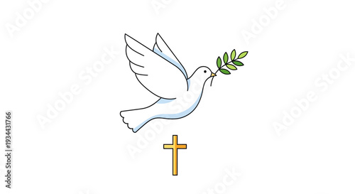 A symbolic flat design illustration featuring a dove with an olive branch hovering over a cross, representing peace, hope, and sacrifice on Good Friday. 