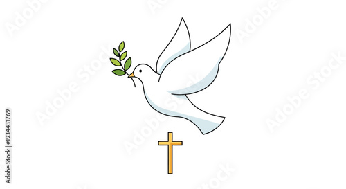 A symbolic flat design illustration featuring a dove with an olive branch hovering over a cross, representing peace, hope, and sacrifice on Good Friday. 