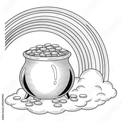 Pot of gold coins at the end of a rainbow, a classic symbol of luck and fortune