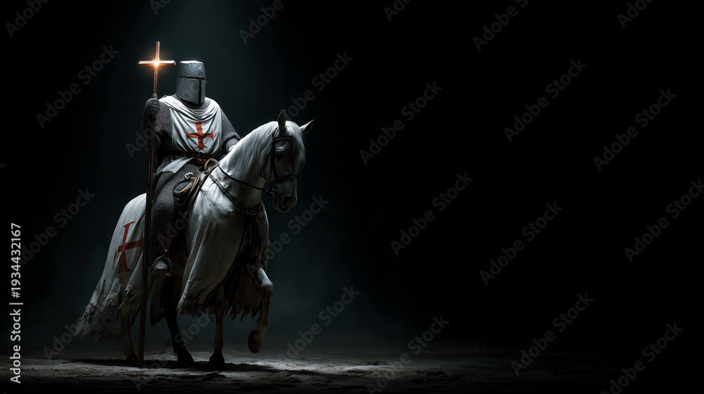 Fototapeta premium crusader warrior holding holy shining cross on horse