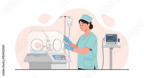 Nurse Attends Premature Baby in Incubator with IV Drip and Monitor