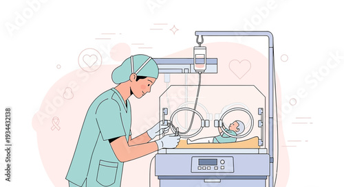 Nurse Caring for Newborn in Incubator, Neonatal Intensive Care Unit