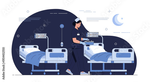 Nurse Caring for Patients in Hospital Beds at Night, Medical Care Illustration