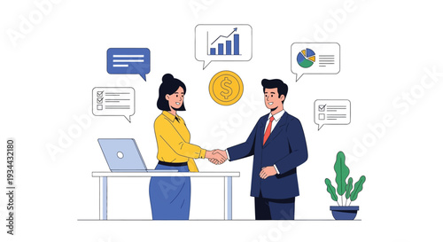 Business professionals shaking hands discussing deals and planning for success