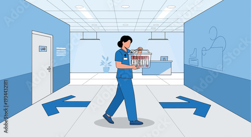 Nurse Carrying Medical Samples in Hospital Corridor