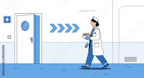 Nurse Carrying Medical Supplies Down Hospital Corridor