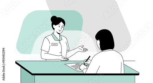 Nurse consulting patient at desk, healthcare interaction, medical checkup, illustration
