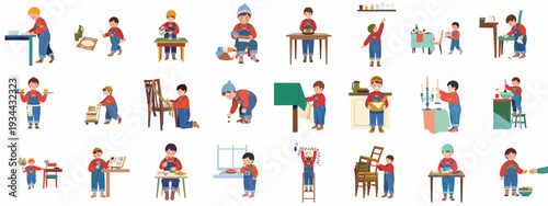 Young children diligently performing various household chores and preparing for a festive autumn gathering, showcasing helpfulness and family involvement.