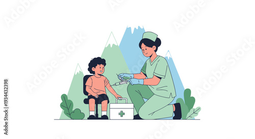 Nurse giving injection to child outdoors with mountains background