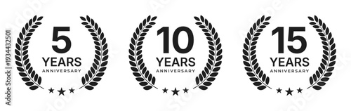 Anniversary laurel wreath icons for 5 10 and 15 years celebration