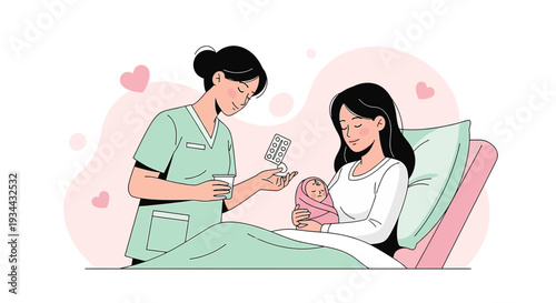 Nurse Giving Medication to New Mother Holding Baby in Hospital Bed