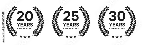 Anniversary laurel wreath logos for 20 25 and 30 years celebration