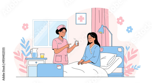 Nurse Giving Medication to Patient in Hospital Bed - Healthcare Illustration