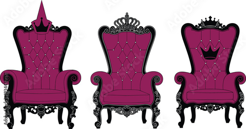 Purple royal throne chairs collection, ornate baroque armchairs with crown symbols luxury vintage vector illustration set