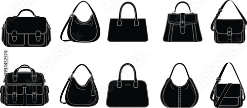 Collection of handbag silhouettes featuring satchels, totes, hobo bags, and shoulder bags, fashion accessories illustration for apparel, retail, and style concepts