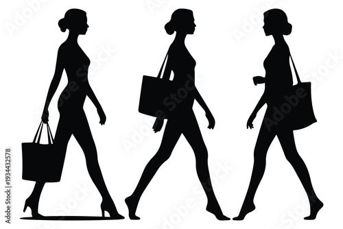 Silhouettes of women walking with handbags black