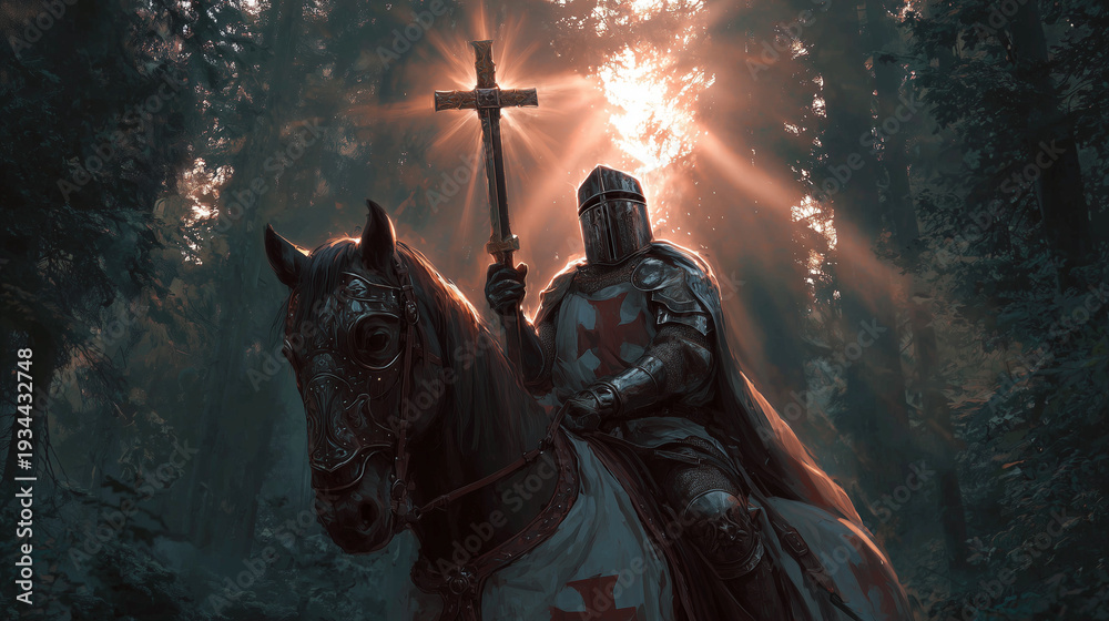 Fototapeta premium crusader warrior holding holy shining cross on horse