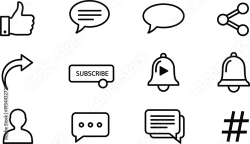 Social Media Icons: Thumbs Up, Chat Bubbles, Subscribe, Share, Bell, User