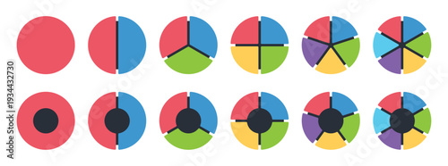 Pie and donut chart icons with one to six segments for infographics