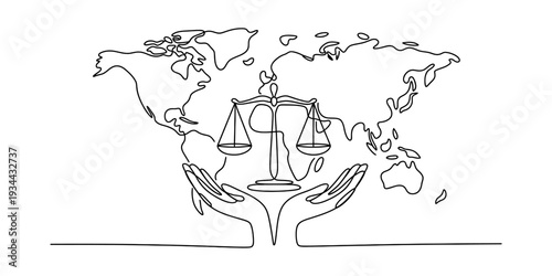Continuous line drawing of hands holding scales of justice with a world map background Vector, illustration