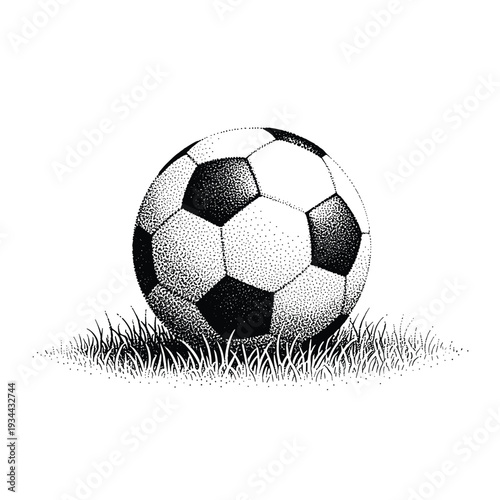 Classic black and white soccer ball resting on a patch of grass, stippled illustration