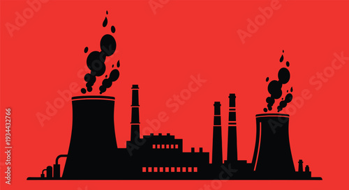 Industrial nuclear power plant silhouette with steam against a bold red background.