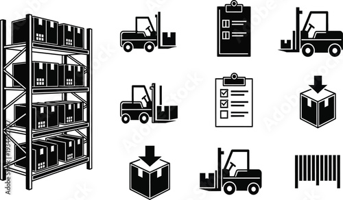 Warehouse Storage Rack with Boxes, Forklift, Clipboard, Barcode Icons