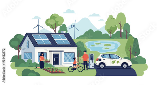 Sustainable Family Living: Eco-Friendly Home with Solar Panels, EV Charging, and Green Energy Landscape