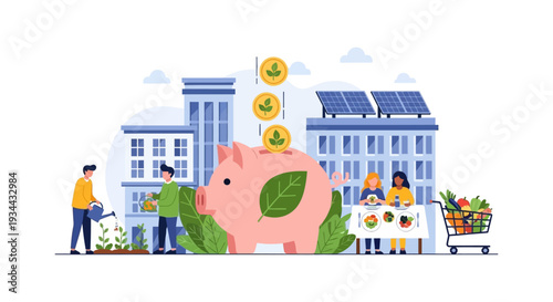 Sustainable Urban Living Concept: Green Investments, Solar Energy, Healthy Eating, and Community Gardening for an Eco-Friendly Future.