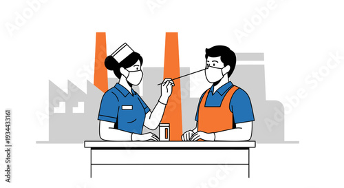 Nurse Performing Nasal Swab Test on Worker in Factory Setting