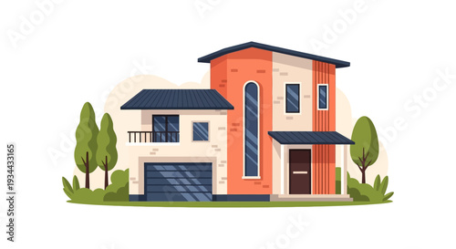 Modern Two-Story Family House with Garage and Balcony. Flat Design Architectural Vector Illustration of Contemporary Residential Home.