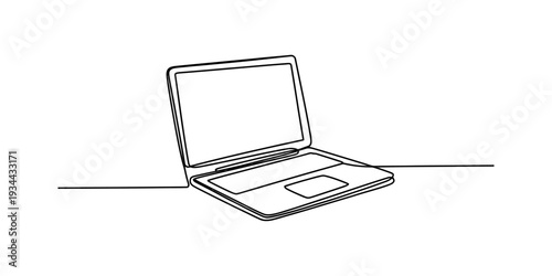 A simple black and white line drawing illustration of a laptop computer on a flat surface. Vector, illustration