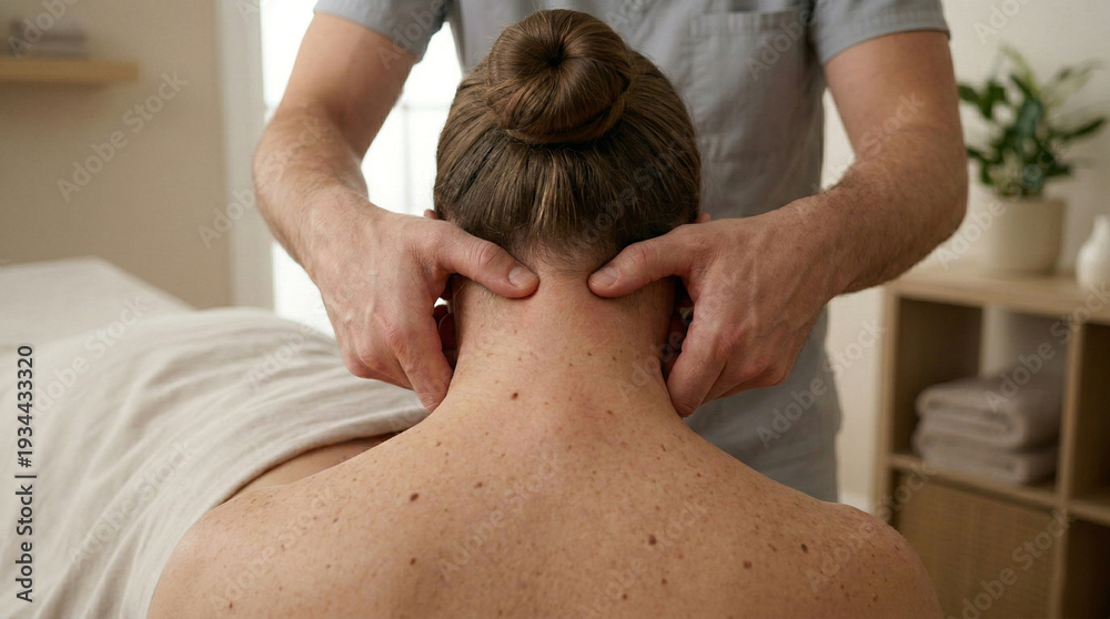 Naklejka premium Rear view close up of physiotherapist massaging neck of faceless female patient
