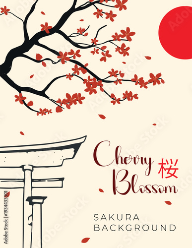 cherry blossom poster template. Vertical covers with pink season cherry trees with blooming flowers in japanese springtime. Modern banners set in minimalism design. Vector illustration.