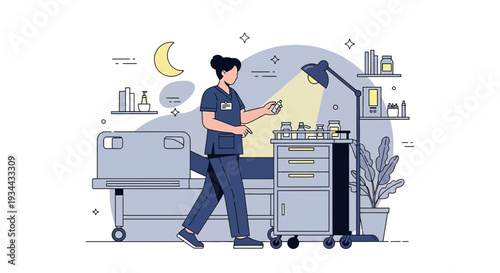 Nurse prepares medication at hospital bedside with medical equipment and supplies