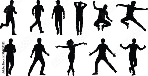 Collection of human silhouettes in dynamic dancing and jumping poses isolated on white background, active lifestyle movement figures for design, fitness, and motion concepts