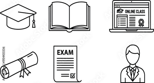 Education Icons: Graduation Cap, Book, Laptop Online Class, Diploma, Exam, Student