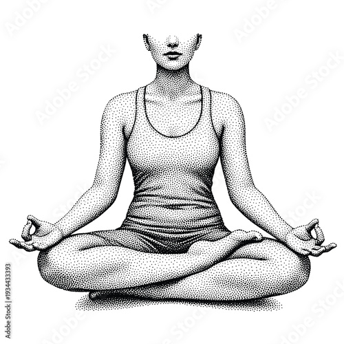 Woman in lotus position with hands in Gyan Mudra, stippled illustration