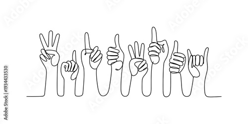 A continuous line art illustration showing various hand gestures like peace, thumbs up, and rock-on signs. Vector, illustration