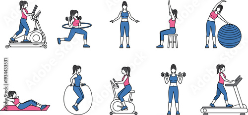 Female fitness character training on treadmill, elliptical, and stationary bike featuring lunges with hula hoop, dumbbell exercises, and stretching on yoga ball vector.