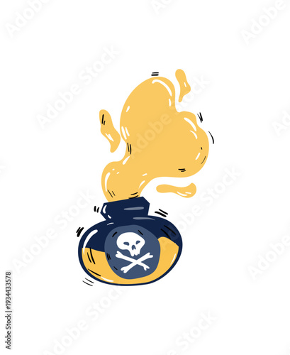 Vector illustration of a potion bottle with a skull and yellow smoke.
