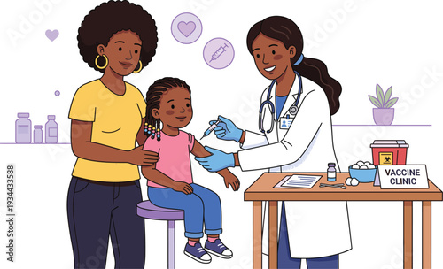Child vaccination at clinic with doctor and mother, pediatric healthcare immunization scene flat vector illustration
